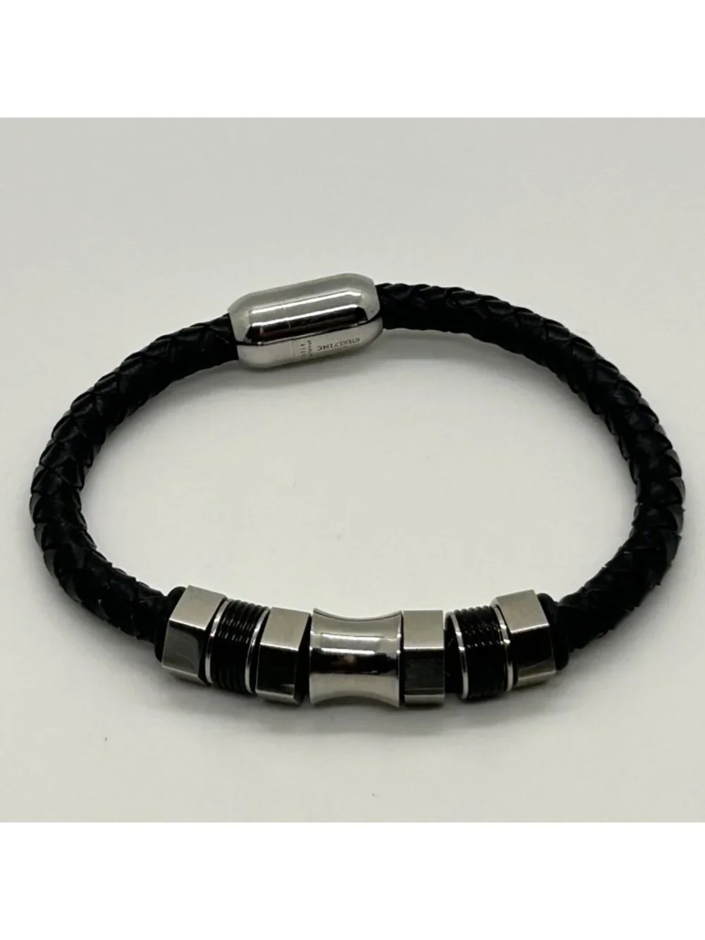 Men's Black Braided Leather Bracelet With Stainless Steel Magnetic Clasp Size 7